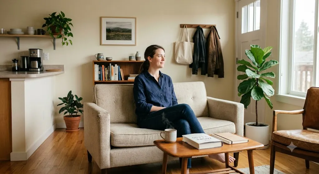 A woman sitting calmly on a sofa in a bright, uncluttered living room with warm wooden floors, potted plants, and a mug of hot drink on the coffee table.