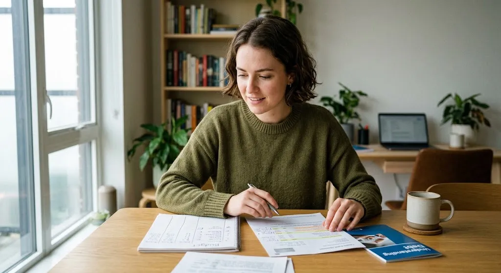 Woman reviewing a budget and financial documents at a table
