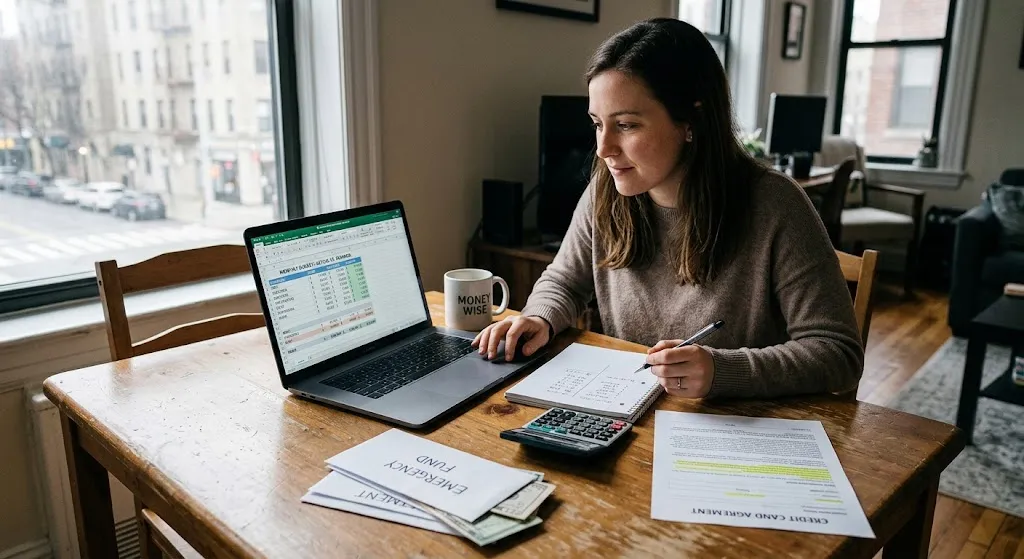 Young woman creating a personal budget with a laptop and financial papers