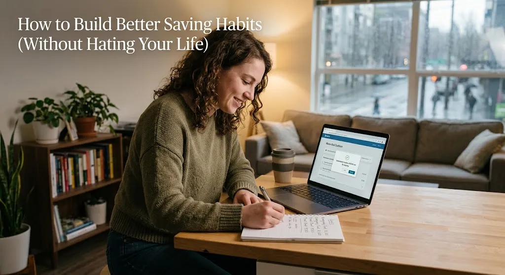 A young woman smiling at a wooden table in a cozy living room, writing savings goals in a notebook while using a laptop displaying an automated bank transfer confirmation, with a coffee cup sitting nearby.