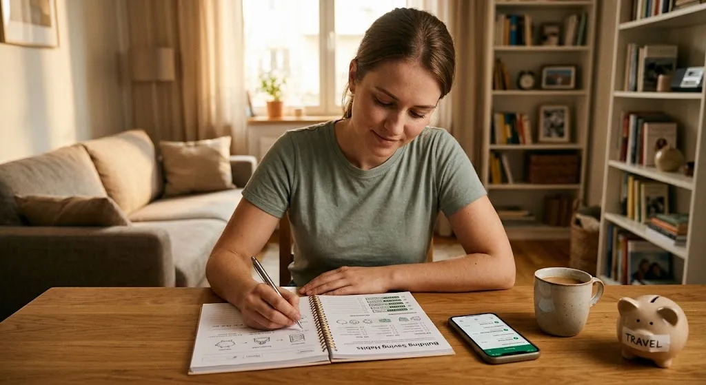 A young woman sits at a wooden table in a well-lit living room, writing in a spiral-bound notebook. Next to the notebook are a smartphone with a green financial app open, a coffee mug, and a small piggy bank with a label reading "TRAVEL".