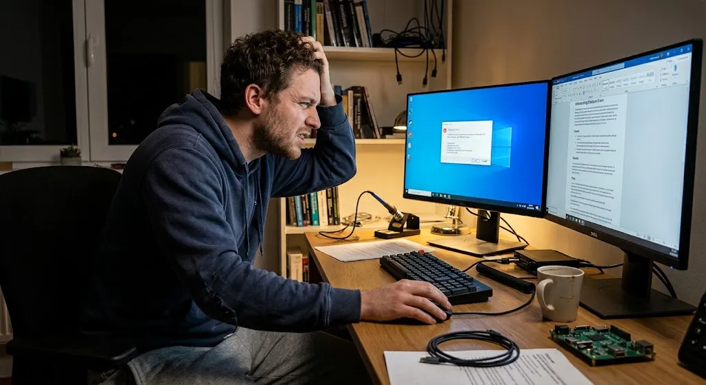 A frustrated man leaning over his office desk with a hand on his head, staring at a dual-monitor computer setup displaying a system error dialog box and an open technical document.