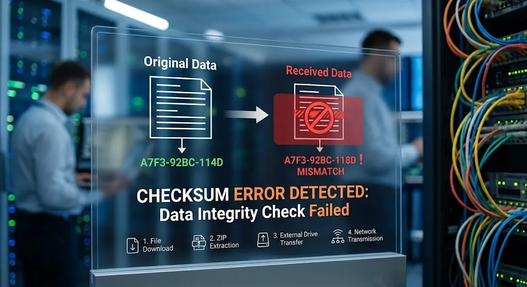 An infographic overlay in a server room demonstrating a checksum mismatch error, showing original data hash A7F3-92BC-114D failing to match received data hash A7F3-92BC-118D.