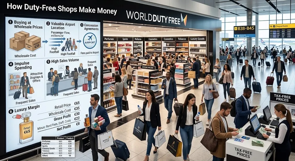 An informational diagram set inside a busy international airport departure terminal showing "How Duty-Free Shops Make Money." On the left, a large digital display breaks down six core business strategies—including buying at wholesale prices, airport locations with high foot traffic, concession agreements, impulse spending, high sales volume, and luxury profit margins—complete with financial breakdown tables. To the right, travelers carry shopping bags past well-lit duty-free store shelves filled with perfumes, cosmetics, spirits, and luxury items while a cashier assists a customer at a tax-free checkout counter.