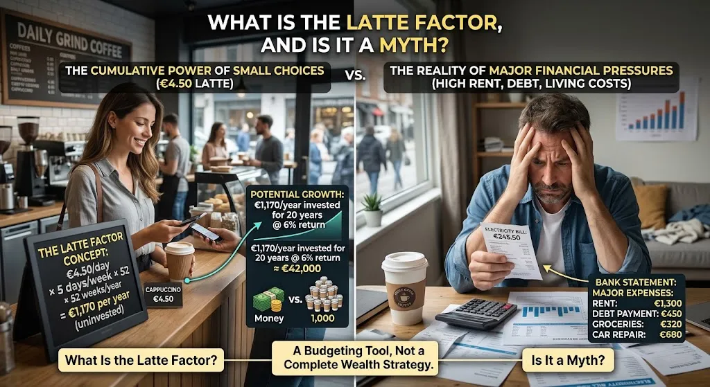 Infographic illustrating the Latte Factor concept on the left versus major real-world financial pressures on the right.