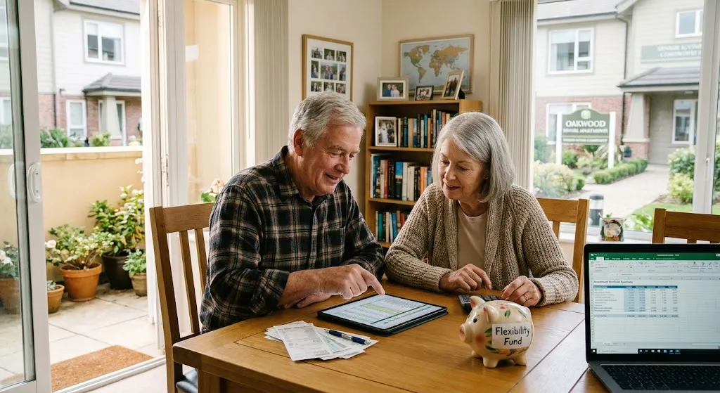 A retired senior couple sitting together at a dining table in a bright apartment, reviewing financial spreadsheets on a tablet and laptop while managing bills and savings next to a piggy bank labeled "Flexibility Fund."