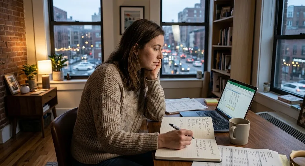 A woman sitting at a wooden desk in a cozy apartment, comparing renting and homeownership costs on a laptop spreadsheet and notepad.
